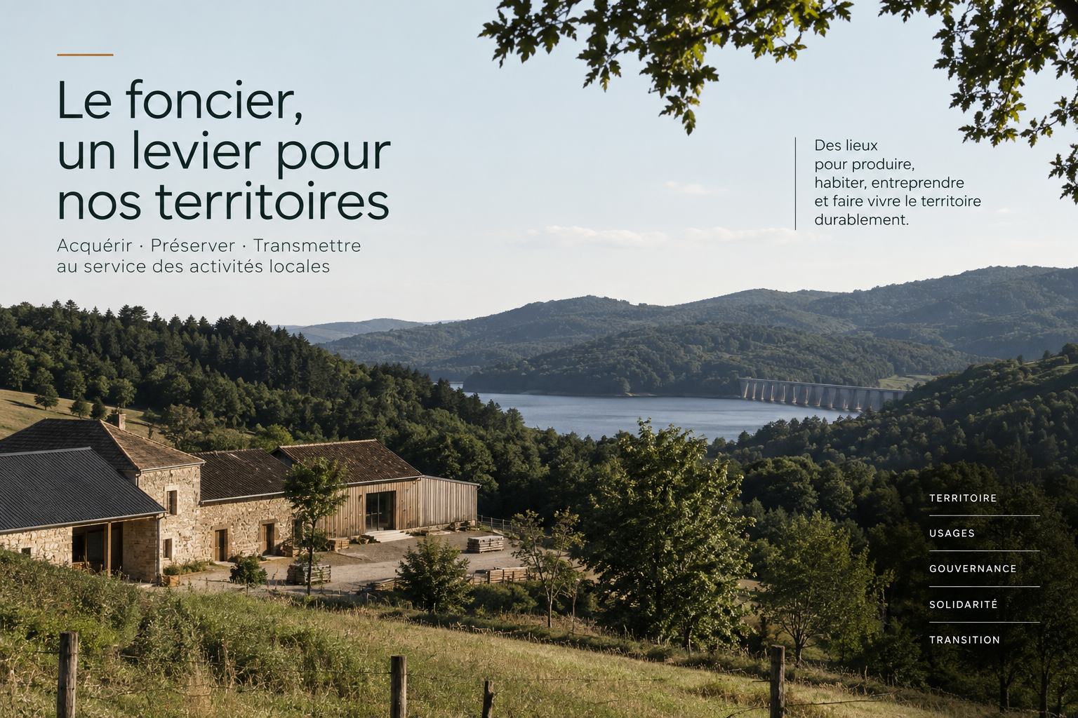Paysage de la montagne limousine avec un lac et une ferme en pierre restaurée : le foncier, un levier pour nos territoires